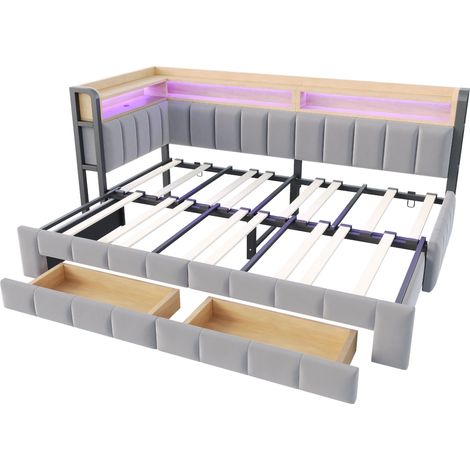 Lit canapé convertible 90x200 cm en velours gris clair avec rangements, LED et ports USB-C (1/5)