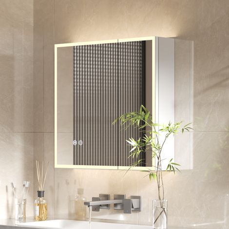 AquaWise Armoire de Toilette LED 60x60cm Livrée MONTÉE avec Prise & USB, Anti-buée & 3 Couleurs , avec Bouton Tactile Intelligent,Rangement Ajustable, Meuble Miroir 2 Portes Gain de Place (1/5)