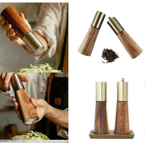 Ensemble moulin à sel et à poivre en bois polyvalent avec base et moulin à sel et à poivre à gros grains (1/4)