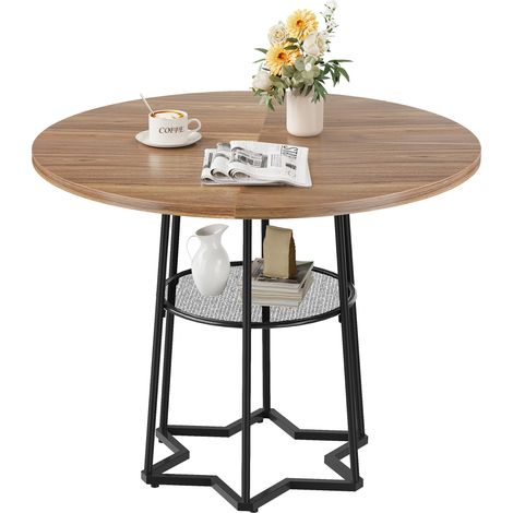 Table à Manger Ronde 39 Pouces avec Rangement, Base Métal Solide, Style Fermier Moderne pour Salle à Manger ou Café, Marron (1/5)
