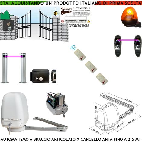 Automatismo Cancello Kit Motore a Braccio Articolato 220/24 V Anta da 0,5 a 2,5 MT Elettroserratura Selettore Faro 2 Paline 2 Fotocellule 3 Radiocomandi (1/4)