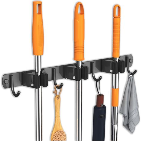 Support mural pour balai et serpillière, rangement amélioré en Acier inoxydable (inox), 3 étagères et 4 crochets couleur noire pour cuisine jardin buanderie (1/5)