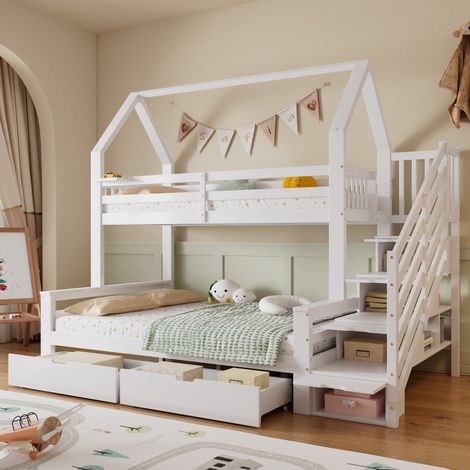 Litera infantil 90x200 cm y 140x200 cm tipo casita con escalera de almacenaje y 2 cajones bajo cama, madera de pino y MDF, Blanco (1/5)