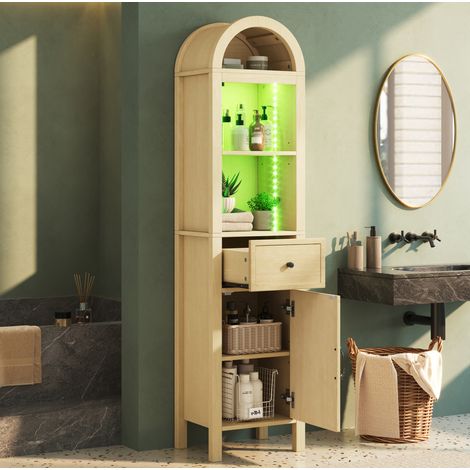 Colonne de salle de bain 163 cm, armoire haute sur pied, LED RGB, MDF, bois naturel (1/5)