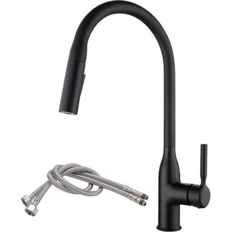Robinet cuisine extractible noir inox, 2 jets d'eau, mitigeur évier moderne avec douchette et flexible (1/5)