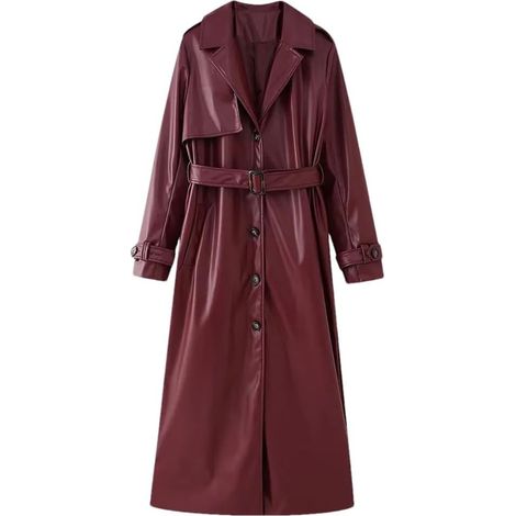Trench-coat en cuir synthétique pour femme avec col rabattable, simple boutonnage ceinturé, coupe ample (1/5)