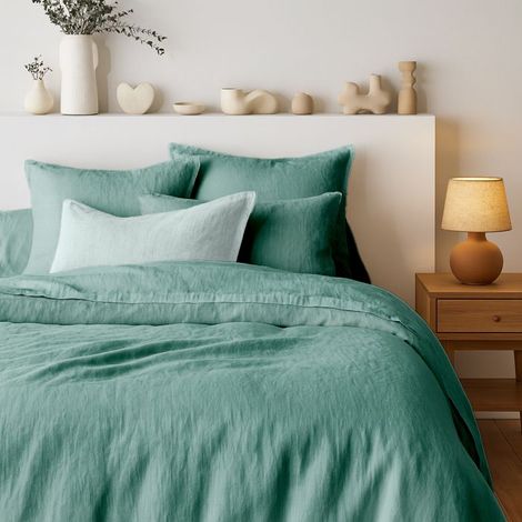 Tendance Perso - Parure de couette 100% PUR LIN Couleur Vert Emeraude - Housse de couette 140x200 et 1 taie 63x63 carrée, Lin