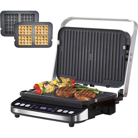 Poêle à Frire Électrique Entièrement Automatique, Machine à Sandwich 2000 W avec Plaque à Gaufres et Boîte à Huile, Amovible, avec Écran Tactile et Gaufrier Antiadhésif Réglable à 180° pour