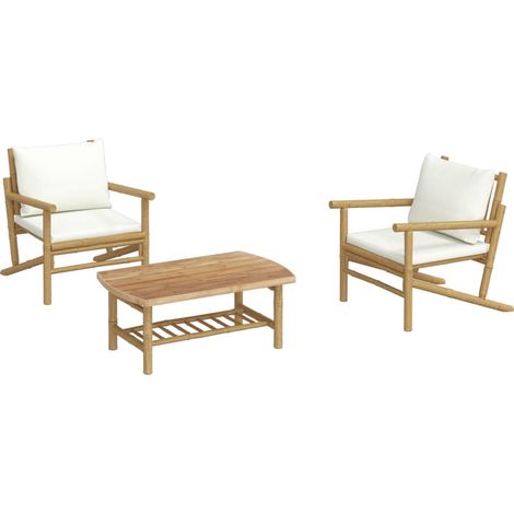 Muebles de jardín muebles de exterior Juego de muebles de 3 piezas con cojines de bambú blanco crema 020015921 (1/5)