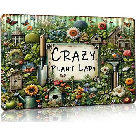 Cadeaux de Jardin Plaques de Jardinage Vintage Plaque Étaine « Crazy Plant Lady » (Dame Folle des Plantes), pour Maison, Jardin, Serre, Salon, Chambre, Cour, Décoration Extérieure 20X30 cm (1/5)