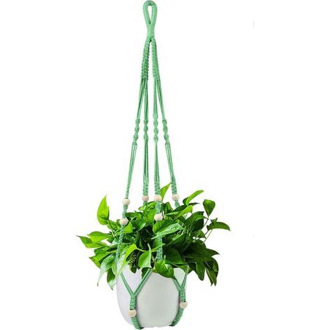 Panier suspendu pour plante d'intérieur, corde en coton vert, 98 cm de long, décoré de perles en bois, crochet non inclus. (1/5)