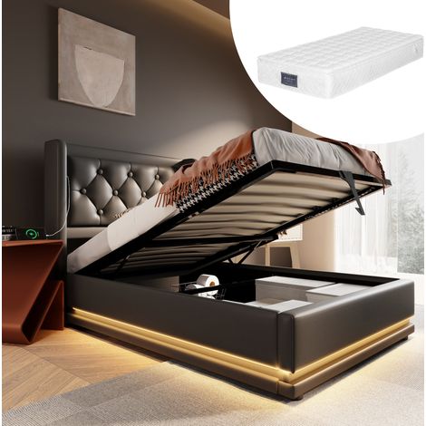 Letto contenitore 90x200 cm nero in PU con materasso, LED, USB e Type-C (1/5)