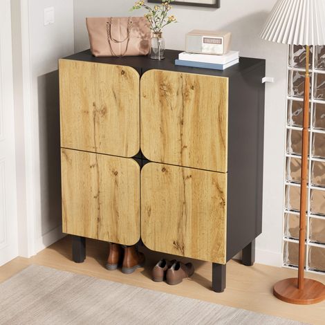 Meuble à chaussures 4 portes bois naturel et noir avec étagères réglables et pieds métal