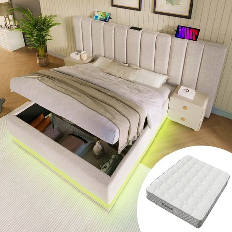 Letto contenitore 180x200 cm imbottito con LED, USB-C, rete e materasso H3 in lino beige OKWISH (1/5)