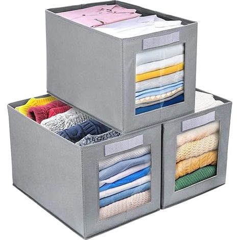QAZQA Boite Rangement, 3 Pièces Panier Cube de Rangement Pliables Avec Fenêtre Transparente, Casier Rangement Tissu Carton, Armoire, Tiroir, Gris Clai