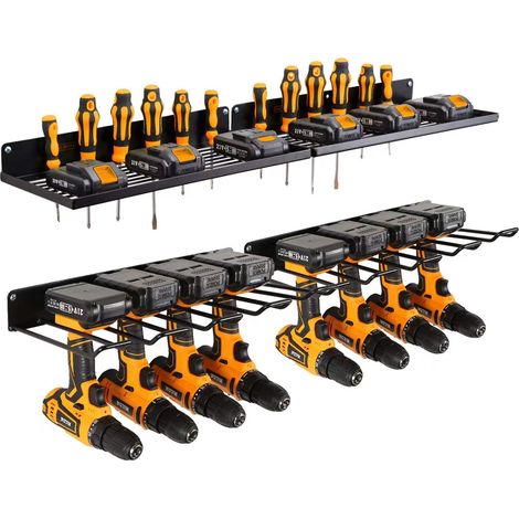 Lot de 2 organiseurs d’outils électriques avec station de charge, 4 supports muraux pour perceuse, étagères de rangement et panneaux perforés (métal solide, noir) (1/5)