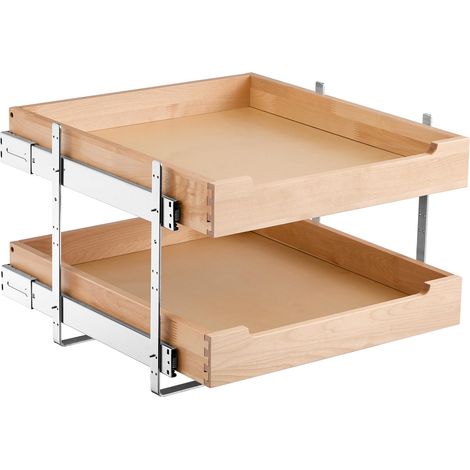 Organiseur d'armoire coulissant à 2 niveaux, tiroir coulissant cuisine réglable en bois, étagère coulissante robuste à fermeture douce, pour cuisine, garde-manger, salle de bain, 470 x 533 mm (1/5)
