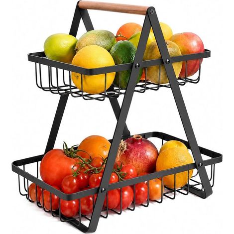 2-Tier Metal Fruit and Vegetable Basket with Wooden Handle and Kitchen Organizer (1/5)