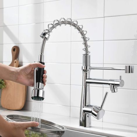 Wasserhahn Küche mit Spiralfeder , 360° Schwenkbar Spültischarmatur, Küchenarmatur mit 2-strahliger Ausziehbrause - Galvanik