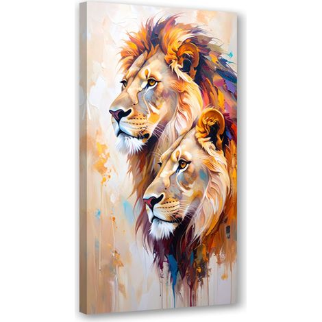Tableau déco Paire de lions animaux peints 40x80 (1/4)