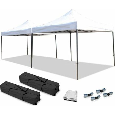 Terre Jardin – Lot de 2 tonnelles barnum professionnelles 3x3 pliantes – 4 connecteurs acier – Gouttière 300 cm – Toile polyester anti-UV 250g/m² (1/6)