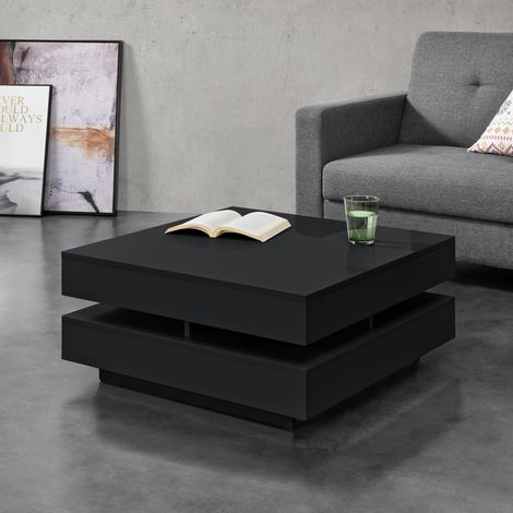 [En.Casa] – Table basse fixe 75x75x35,5 cm – 4 compartiments de rangement – Panneau mélaminé noir brillant – Montage rapide et facile