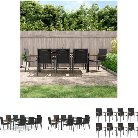 Gartenmöbel Schwarz - vidaXL 9-tlg. Garten-Essgruppe Schwarz Textilene und Stahl - Gartenstuhl mit Rückenlehne (1/5)