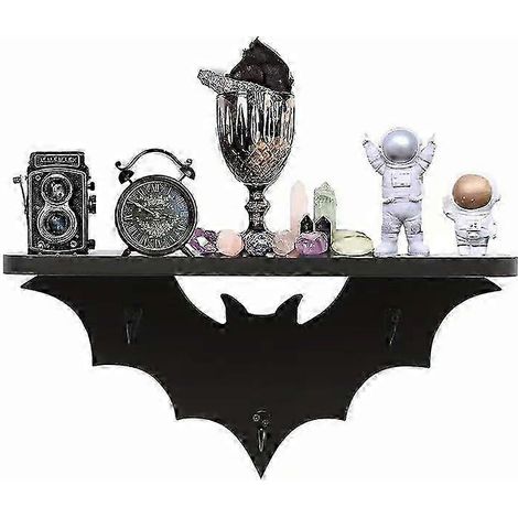 Étagères murales flottantes en forme de chauve-souris - Décoration gothique d'Halloween pour chambre, étagères murales noires avec 3 crochets pour clés, idéales pour la décoration de chambre (1/5)