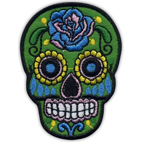 Mexikanischer Totenkopf-Patch, Calavera-Grün – Selbstklebende Rückseite – Gestickter Aufnäher/Abzeichen/Emblem
