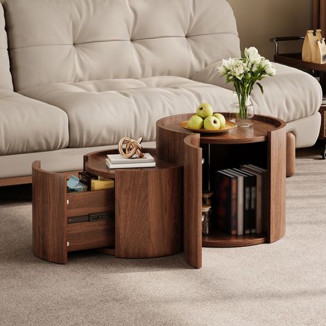 Runder Couchtisch mit Schubladen, gebogenen Türen und offenen Fächern, modernes Design, Nussbaum (1/5)