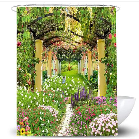 Rideau de douche à motifs floraux et papillons avec crochets, 180 x 180 cm, imperméable, en polyester anti-moisissure, motif jardin vert et papillons. (1/5)
