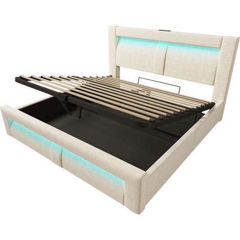 Doppelbett 160x200 cm mit Stauraum, LED, USB und USB-C, beiger Samt, Matratze inklusive (1/5)