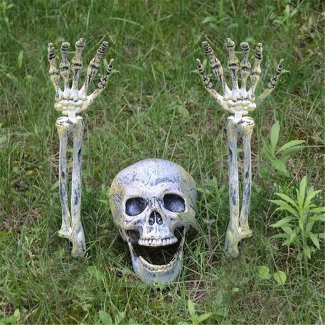Crâne et bras de squelette d'Halloween, lot de 3. Décorations d'Halloween réalistes en forme de squelette pour intérieur et extérieur, accessoires de fête d'Halloween. (1/4)