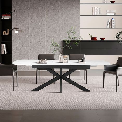 Table repas extensible 180-220cm en pierre effet marbre blanc et métal