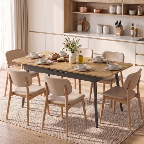 Table de salle à manger extensible 130-160 cm, table de cuisine aux angles arrondis, chêne (1/5)