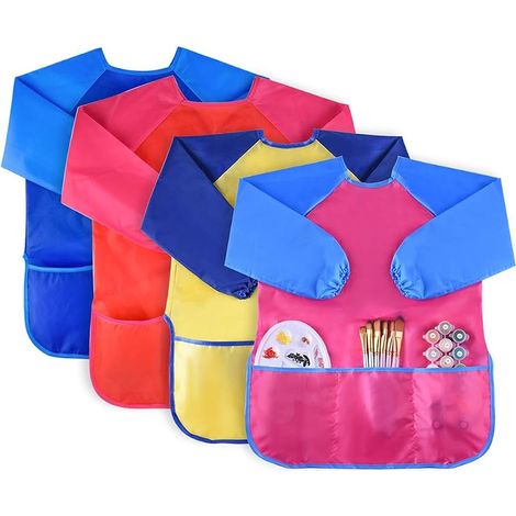 KUUQA Lot de 2 tabliers d'art imperméables pour enfants, à manches longues et 3 poches spacieuses (peintures et pinceaux non inclus), bleu/rouge (1/5)