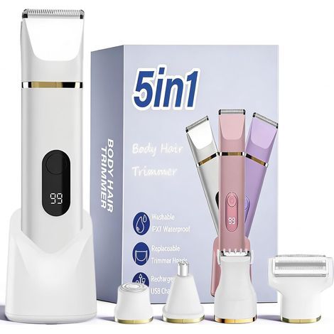 Épilateur Bikini 5-en-1 pour Femmes, Rasoir Électrique Corporel sans Fil Étanche IPX7, 5 Têtes Interchangeables pour Épilation Visage, Jambes et Zone Intime, Lame Céramique, Recharge USB - Blanc (1/5)