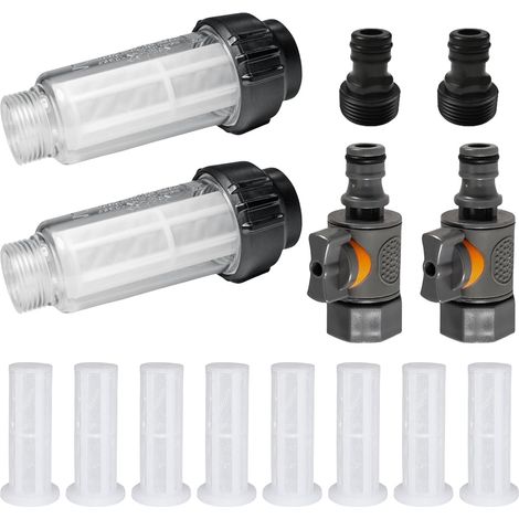 Filtre Tuyau Arrosage, 2 Pièces Filtres à Eau 3/4" avec 8 Inserts de Filtre et Adaptateurs Rapides et vanne de régulation pour Nettoyeur Haute Pression Pompe de Jardin Camping Caravanes (1/5)