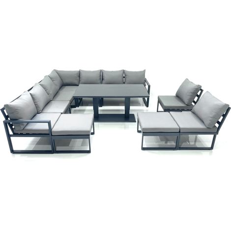 Fimous 11 Seater Outdoor Aluminum Garden Furniture Set Corner Sofa 2 Big Footstools Rising Lifting Dining Table Sets Dark Grey (1/5)