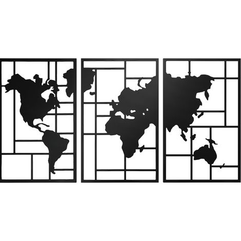 Decorazione da parete in metallo mappa del mondo 3 pezzi nero 50 x 80 cm HOMVRA (1/5)