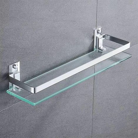 Étagère murale en verre pour salle de bain, 40 cm, en aluminium spatial, sans perçage, pour douche, WC, porte-cosmétiques et lavabo. (1/5)