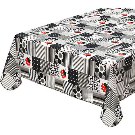 Tovaglia Antimacchia Cucina Coccinella Bordata Cotone Plastificato Proteggi Tavolo Copritavolo Nero - 135x180 cm