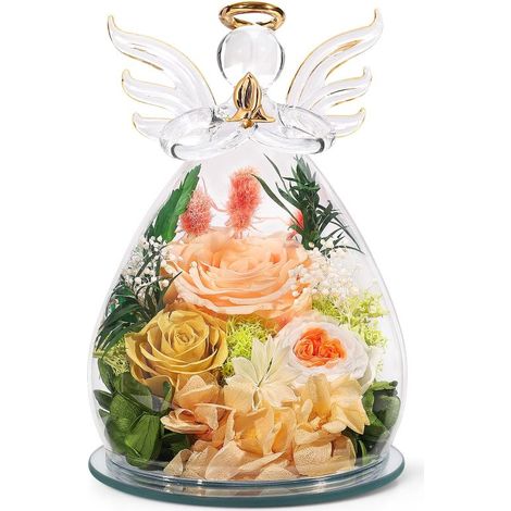 Ewiger rosa Engel Glasornament Geschenkbox Echte Blumen Gelb