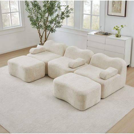 Divano modulare 3 posti 260x160x72 cm beige in velluto senza struttura con seduta profonda e pouf (1/5)