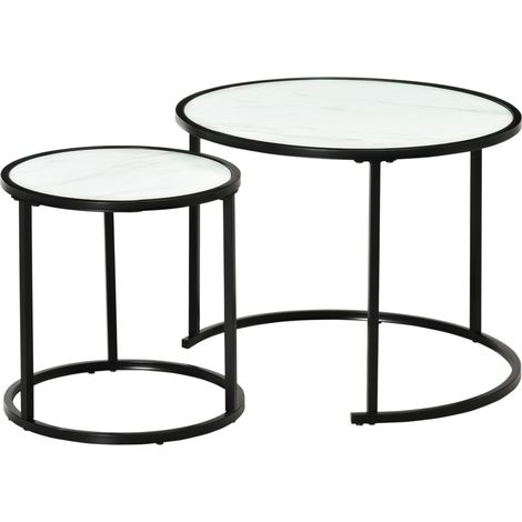 Ensemble de 2 tables d'appoint rondes empilables, gigognes, avec plateau effet marbre, Ø60x46 cm et Ø40x40 cm, blanches (1/5)