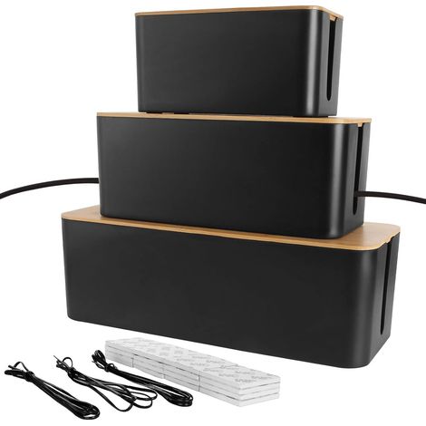 3 Pcs Boîte de Rangement de Câbles, 3 Tailles Boîte Cache Câble Noir, Cache Multiprise Electrique avec Bois Couvercle pour Ranger Câbles et 3 Attache de Cables (1/5)