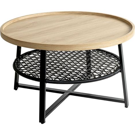 Table basse ronde avec étagère décor chêne naturel et métal noir – Diamètre 75 x Hauteur 45 cm (1/5)