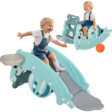 Cheval à bascule 3 en 1 avec toboggan et panier de basket pour enfants de 18 à 36 mois, pour la maison et le jardin, vert