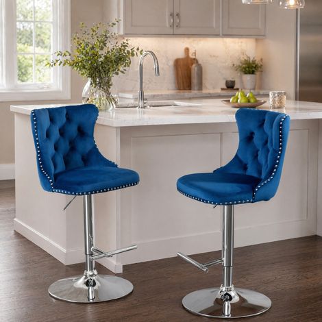 Set di 2 sgabelli da bar 46x43,5x95-116 cm in velluto blu regolabili FloraGrace (1/5)