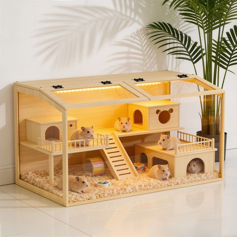 Bingopaw – Cage en bois pour rongeur avec LED - Habitats pour Rongeur Souris avec Fenêtre en Verre Trempé - Trous de Ventilation pour Gerbilles et Cochon d'Inde - 100.7x50x50cm